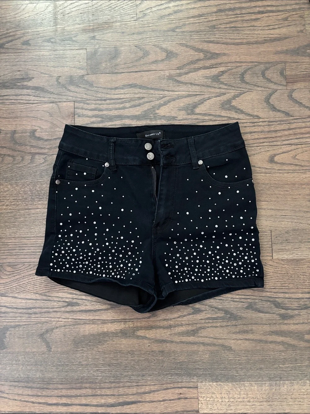 Black Rhinestone High-Rise Jean Shorts